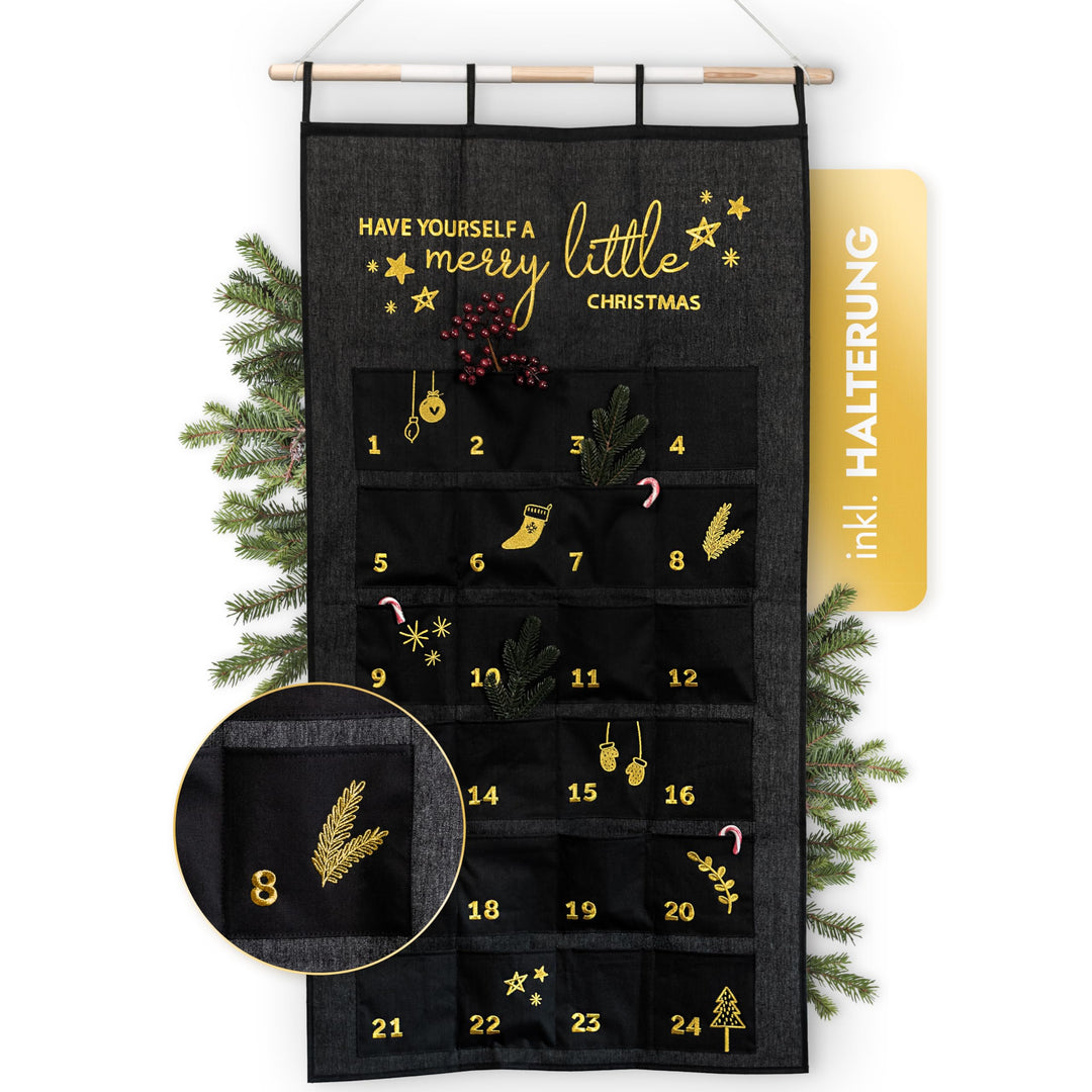 AMARI ® Adventskalender zum Befüllen Schwarz/Gold - XXL Wandkalender (70 x 130 cm) mit 24 Fächern zu