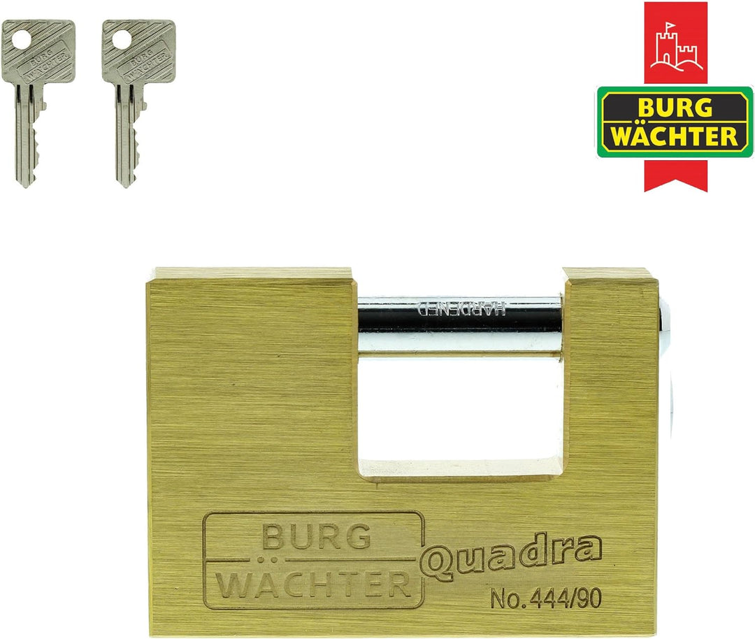 Burg Wächter Vorhängeschloss, Quadro 444 90 SB, Inkl. 2 Schlüssel, Bügelstärke: 12 mm Messing