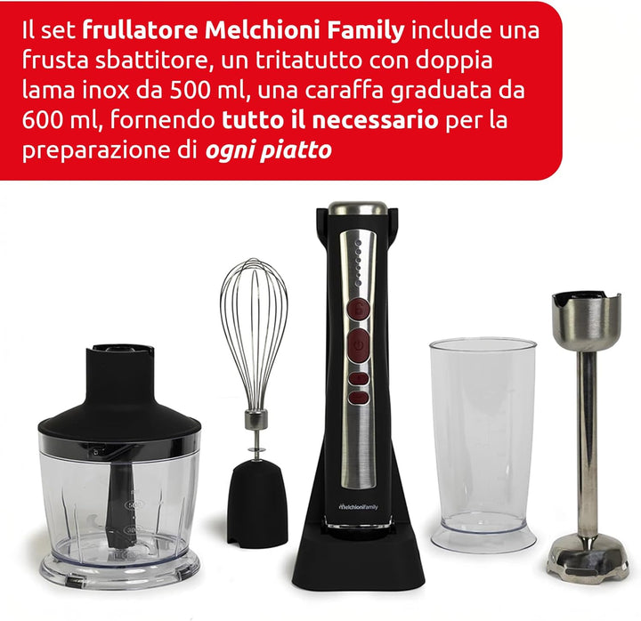 Melchioni Family | Wiederaufladbarer kabelloser Stabmixer Set mit Schneebesen, Zerkleinerer, Mixer u
