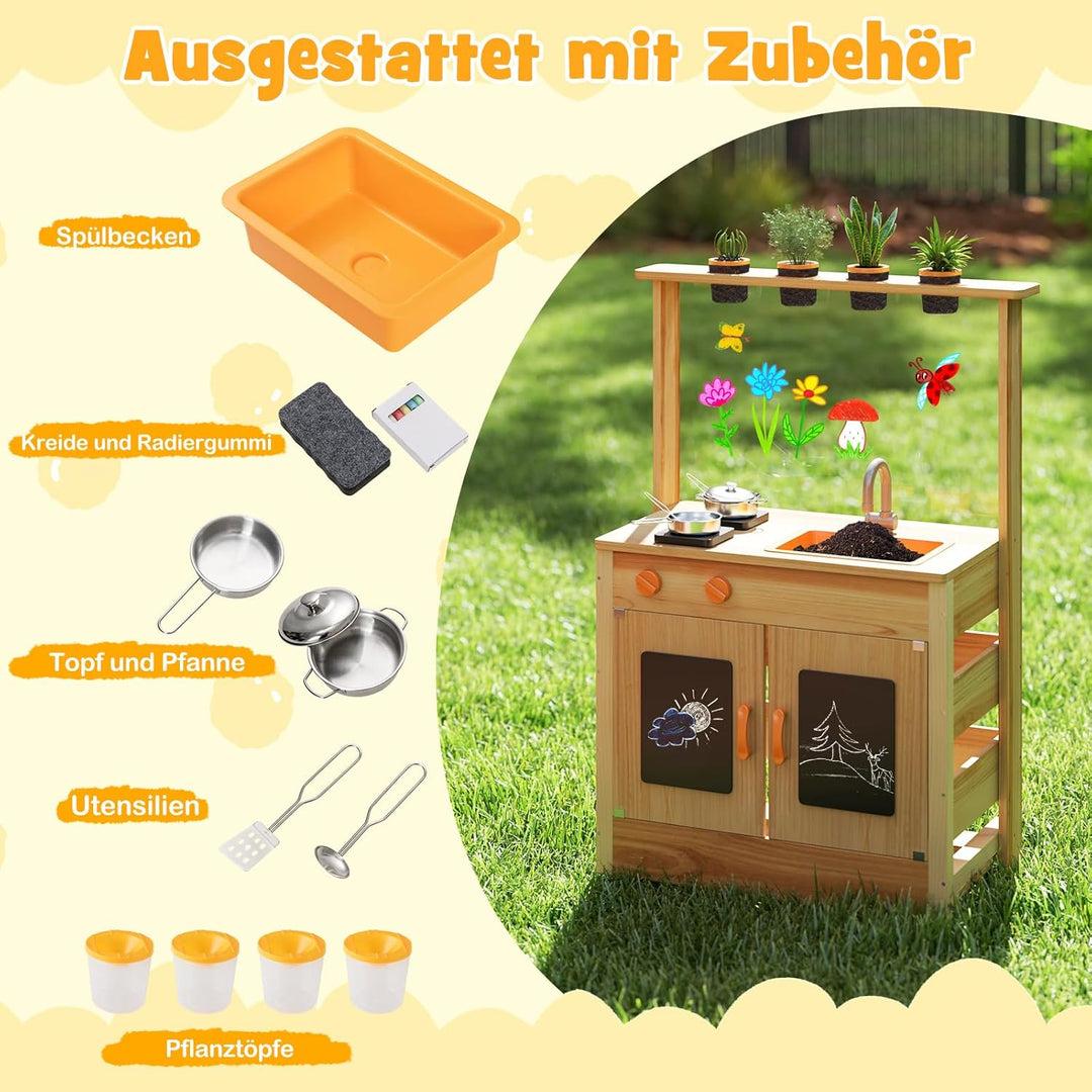 DREAMADE Matschküche Kinder Outdoor, Kinderküche mit Tafel & Acryl-Tafel & Pflanzentöpfen & Herd & S
