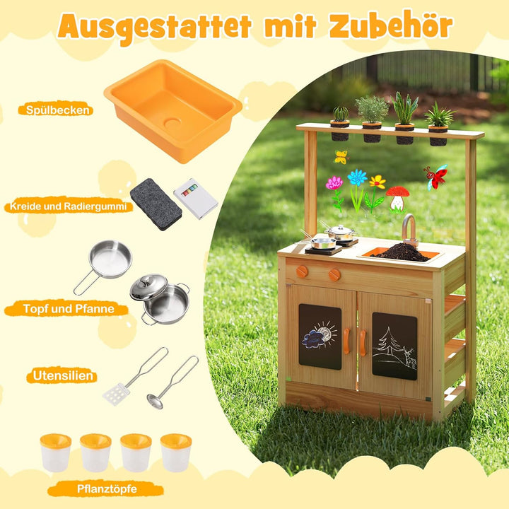 DREAMADE Matschküche Kinder Outdoor, Kinderküche mit Tafel & Acryl-Tafel & Pflanzentöpfen & Herd & S