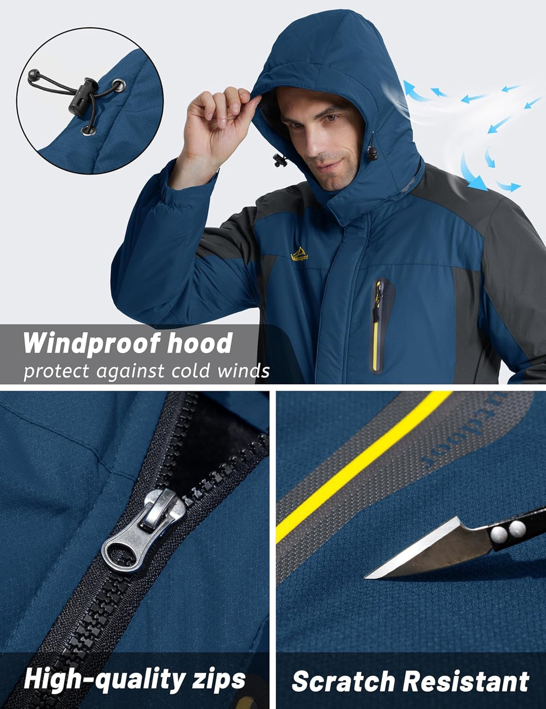 TACVASEN Herren Warme Skijacke Gefütterte Winterjacke Wasserabweisende Funktionsjacke mit Abnehmbare
