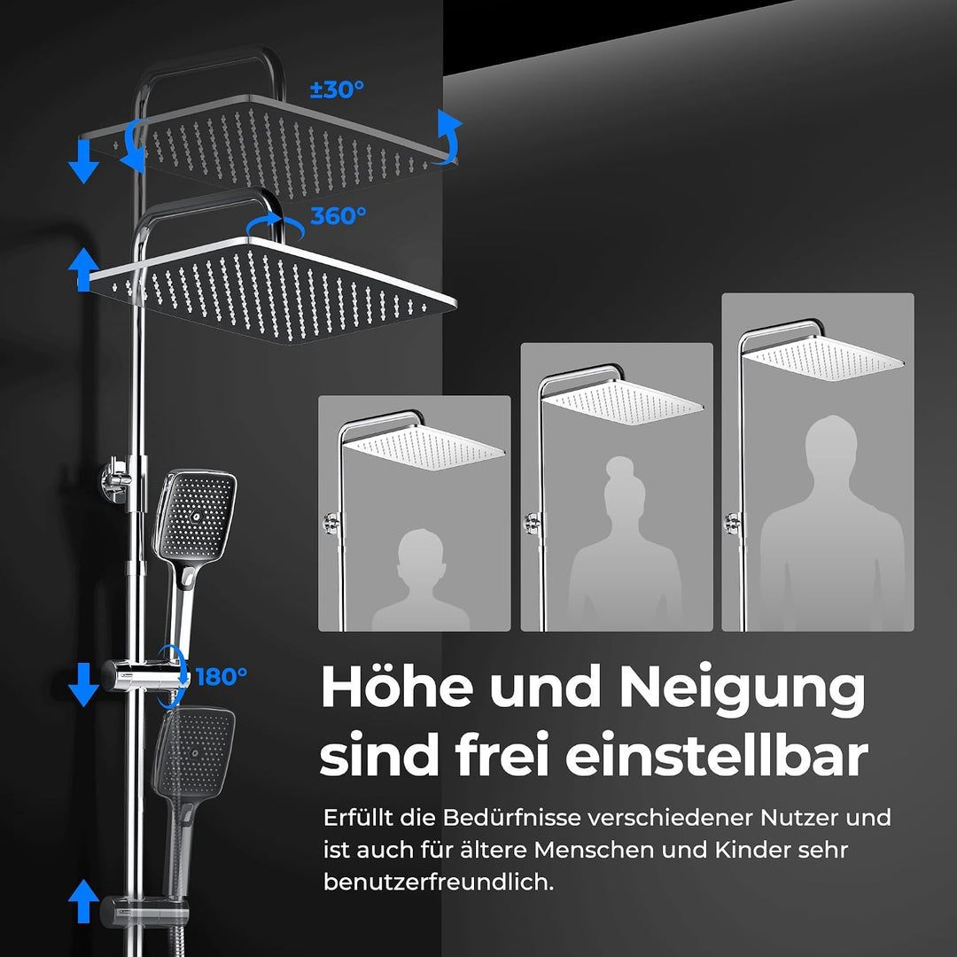 JOHO Edelstahl Duschsystem mit Regendusche ohne Armatur, 35x25 cm Chrom | Regenduschset mit Höhenver