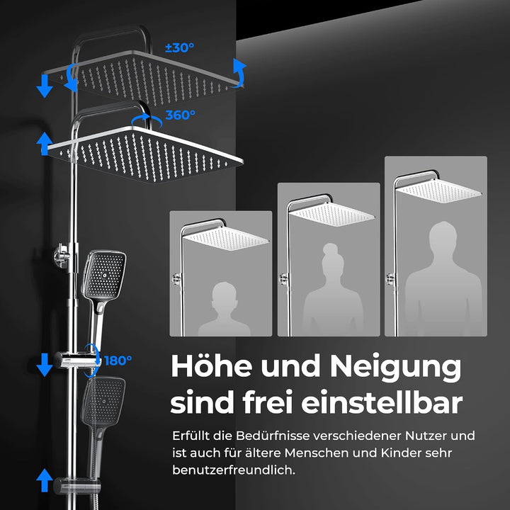 JOHO Edelstahl Duschsystem mit Regendusche ohne Armatur, 35x25 cm Chrom | Regenduschset mit Höhenver