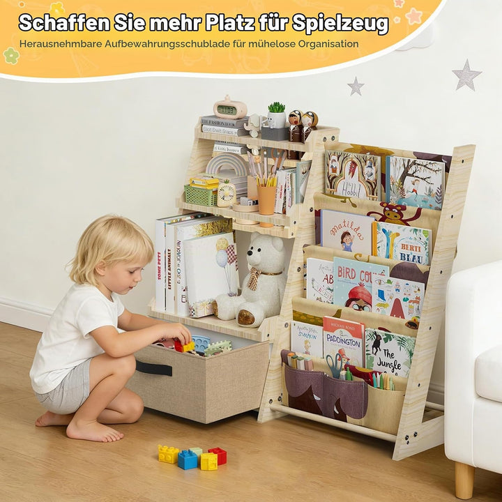 Kinderregal mit Spielzeugorganizer 2-in-1 – Bücherregal aus Holz &amp; Stoff mit 4 Fächern, Schublade &amp;