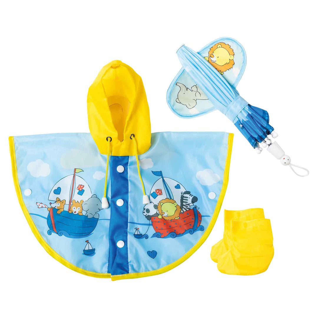 Heless 175 - Regen-Set für Puppen im Design Segelfreunde, 3 teilig mit Regen-Cape, Regen-Schirm und