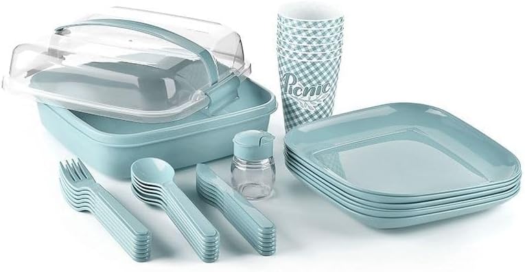 Picknick Set 6 Personen | BPA Freies Gesundes Plastik | Plastikbesteck Gabel, Messer, Löffel, Teller