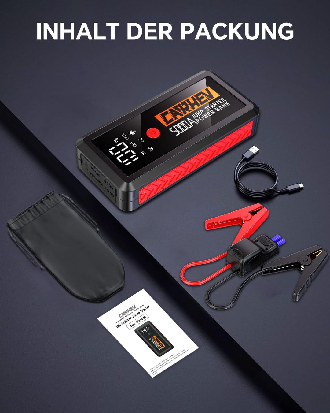 CARHEV Starthilfe Powerbank, 5000A Booster Auto Starthilfe, 12V Starter Powerbank(Bis zu 8.0L Benzin