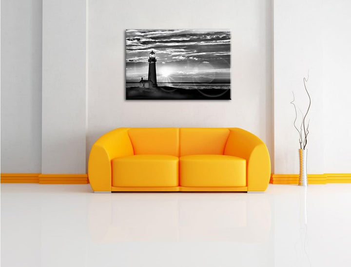 Pixxprint Monocrome, Grosser Leuchtturm im Sonnenuntergang, Format: 100x70 auf Leinwand, XXL riesige