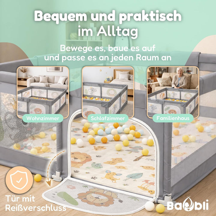 Laufstall für Babys, 150x180 cm, Babymatte, 60 Bälle, Griffe, Tragetaschen, Laufstall mit atmungsakt