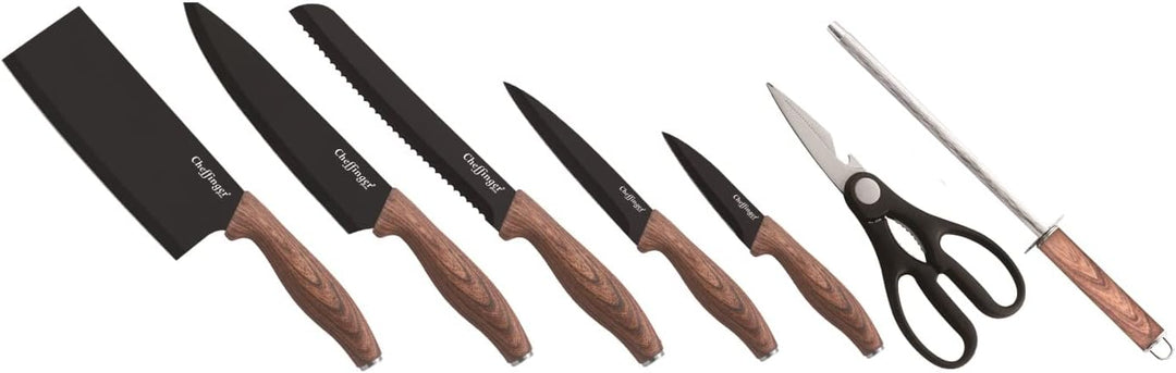 Cheffinger 8 tlg Messerset Kochmesser Messerständer drehbar Edelstahl Messer Rostfrei Holzoptik