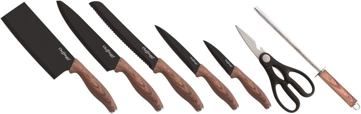 Cheffinger 8 tlg Messerset Kochmesser Messerständer drehbar Edelstahl Messer Rostfrei Holzoptik
