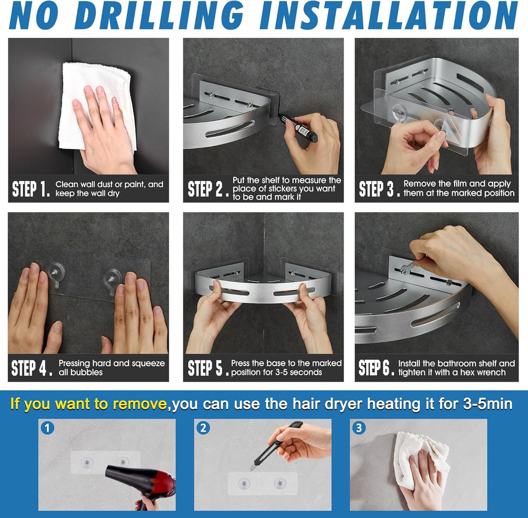 GRICOL Eckablage Duschkorb Duschregal ohne Bohren Duschablage Metall Mit 4 Haken Dusche Ablage Badre