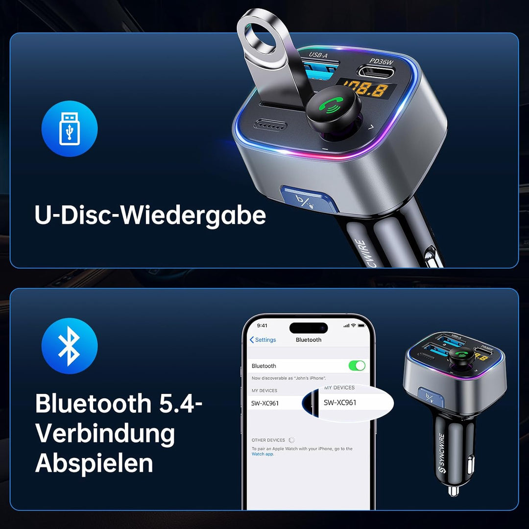 SYNCWIRE Bluetooth 5.3 FM-Transmitter-Autoladegerät 48W (PD 36W &12W) Dualer USB-Anschluss Ladegerät