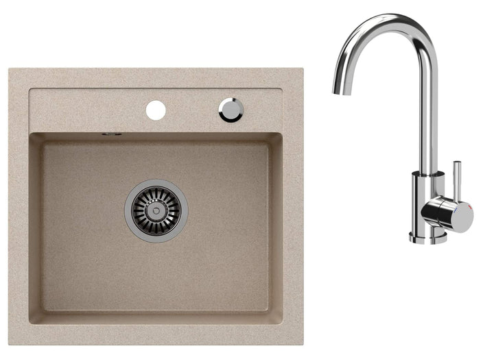 VBChome Spülbecken mit Armatur 50 x 47 cm Beige Granit Spüle Einzelbecken Küche Einbauspüle Verbunds