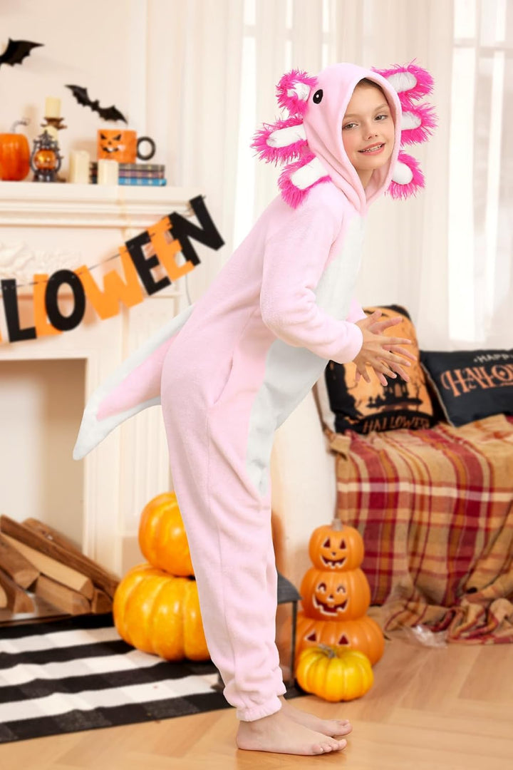 BesserBay Kinder Fleece Warm Jumpsuit mit Kapuze Jungen Mädchen Unisex Tiere Overall 1-12 Jahre Axol