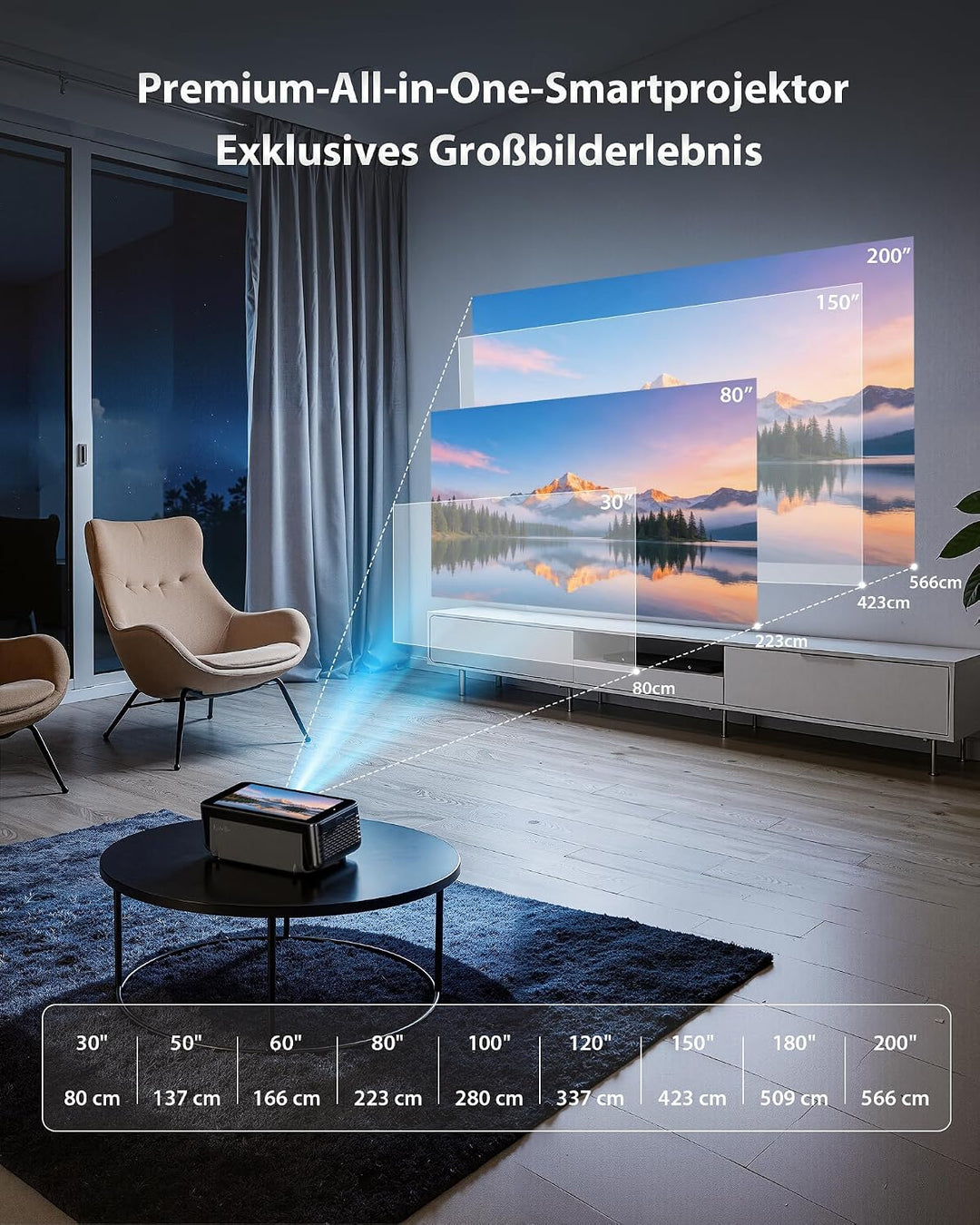 Estelle Smart Beamer 4K mit 64GB Speicher, Integriertem Akku, Android 12 | Mini Beamer Outdoor mit N