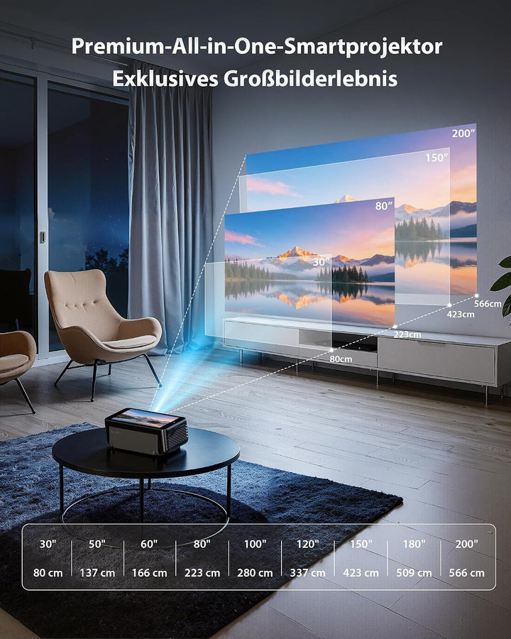 Estelle Smart Beamer 4K mit 64GB Speicher, Integriertem Akku, Android 12 | Mini Beamer Outdoor mit N