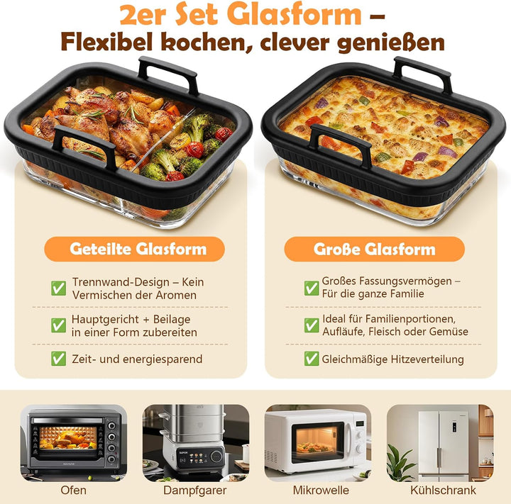 2 Stück Glas Auflaufform Airfryer, BPA-frei Glasform für Airfryer mit Deckel, Abnehmbaren Silikongri