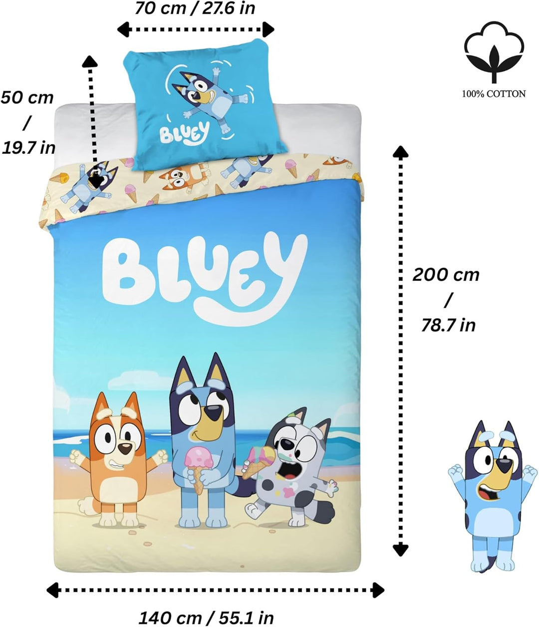 BrandMac Bluey Kinderbettwäsche-Set | Einzelbettgrösse Bettbezug 140x200 cm mit Kissenbezug 50x70 cm