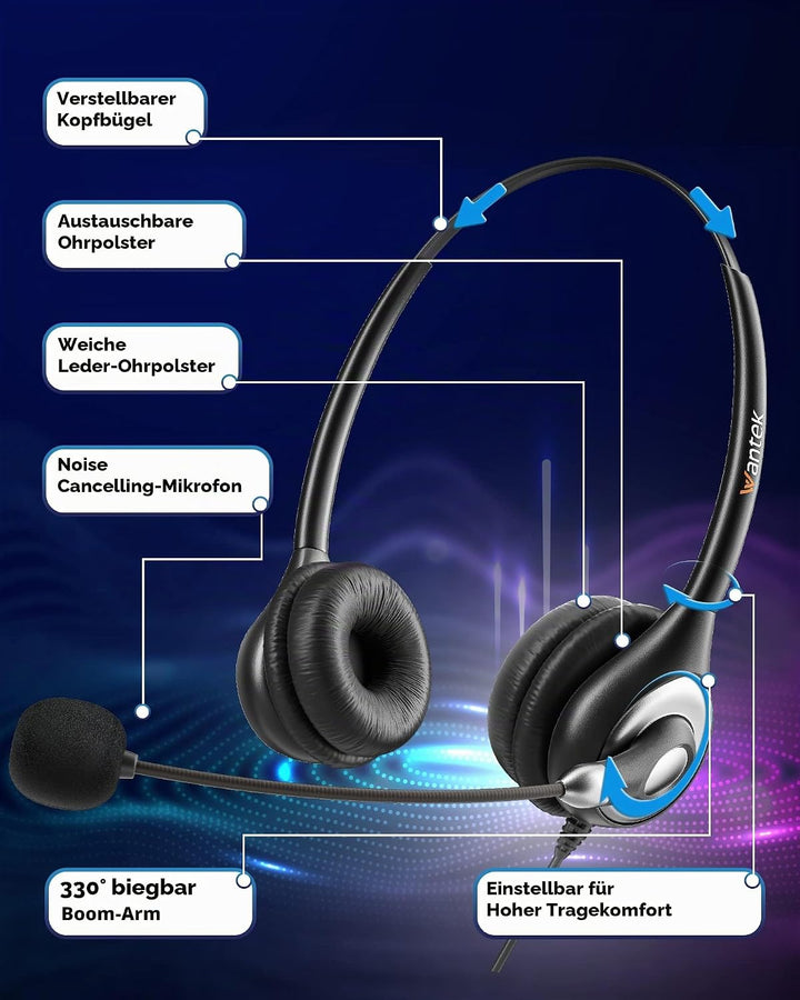 USB Headset Stereo mit Noise Cancelling Mikrofon und Lautstärkeregler, Wantek PC Kopfhörer für Busin