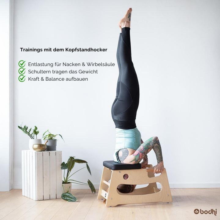 Bodhi Kopfstandhocker| Yoga Hocker aus Holz mit praktischen Griffen | Yogastuhl mit Polster für Umke