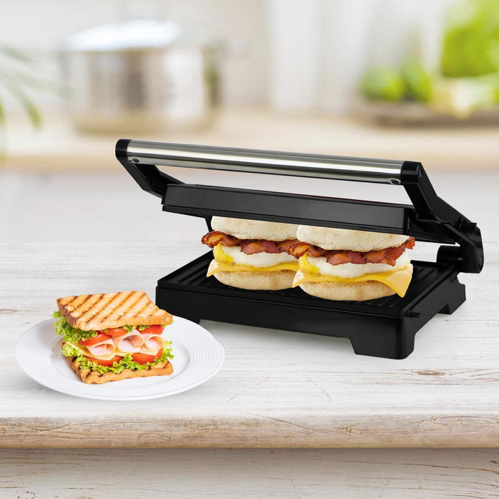Kontaktgrill 1000W, Panini Grill & Sandwich Maker, geöffneter 180° Tischgrill, Grillfläche 23x15 cm
