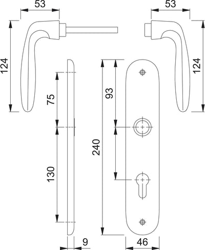 HOPPE 2949501 Drückergarnitur Verona-auf Langschild Buntbart Entfernung 90mm, für Türstärke 37-47mm,