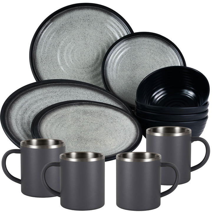 Melamin Geschirr Set Grau Schwarz mit Edelstahl Thermo Tassen doppelwandig - Tonoptik Essgeschirr -