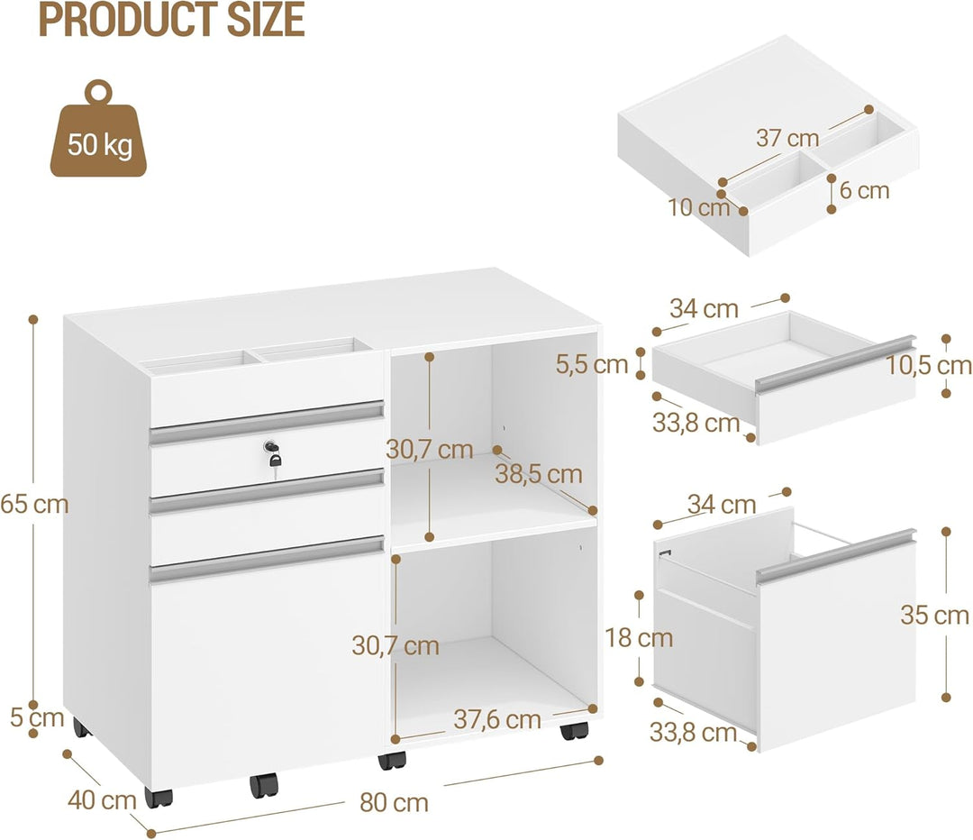 Hzuaneri Rollcontainer, mobiler Aktenschrank, Büroschrank mit 3 Schubladen, 2 offenen Fächern, Schub