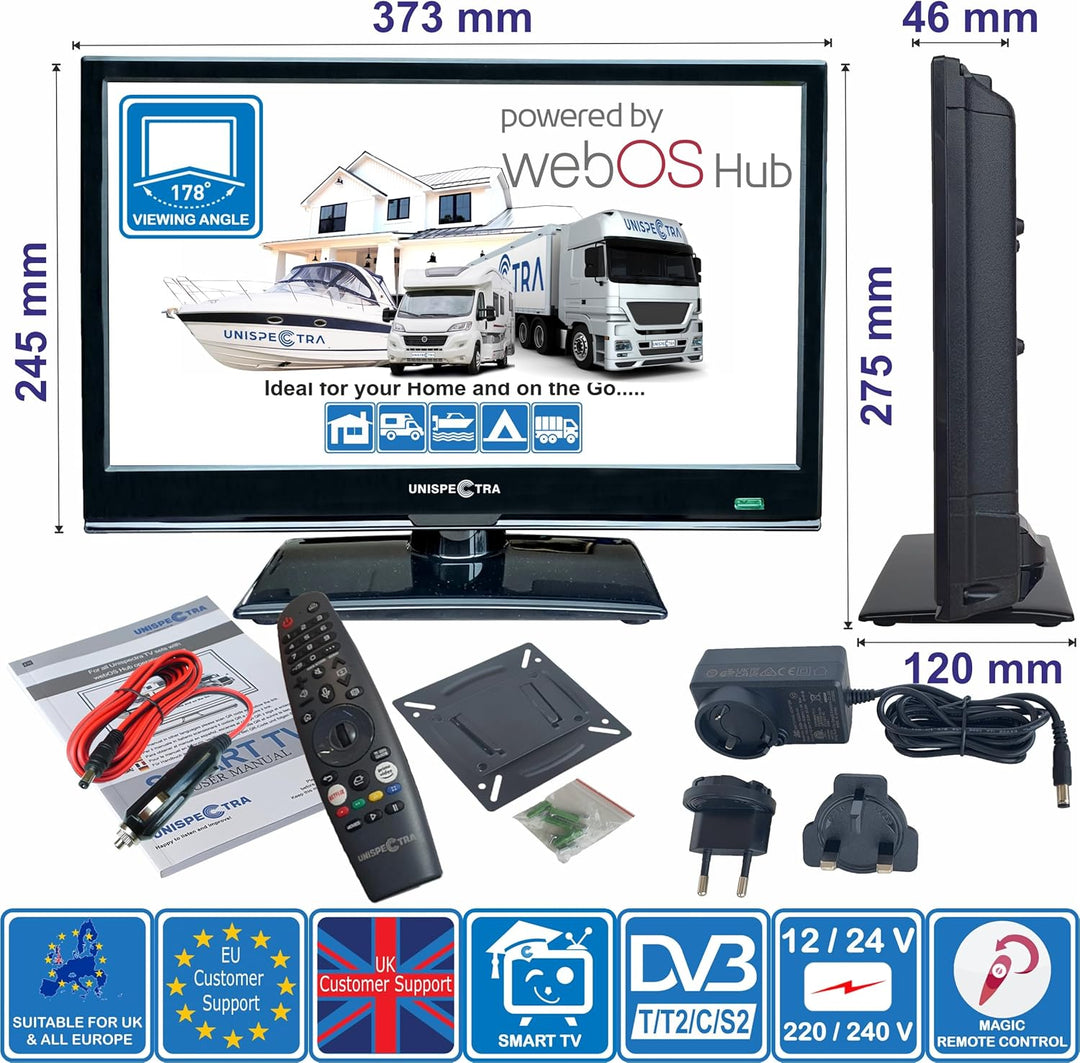 Unispectra® 16“ Smart TV (webOS) Full HD 230V 24V Triple Tuner: Sat, Antenne, Kabel TV, 3xHDMI, 2xUS