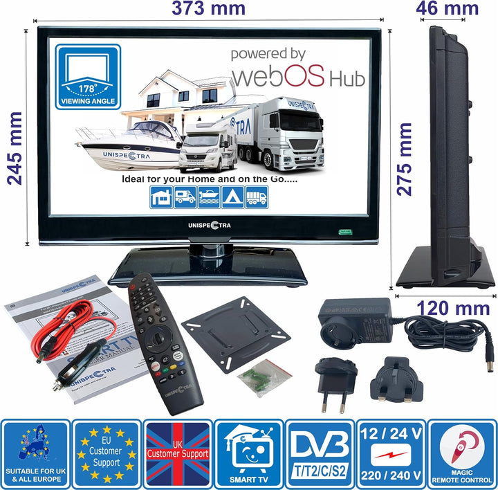 Unispectra® 16“ Smart TV (webOS) Full HD 230V 24V Triple Tuner: Sat, Antenne, Kabel TV, 3xHDMI, 2xUS