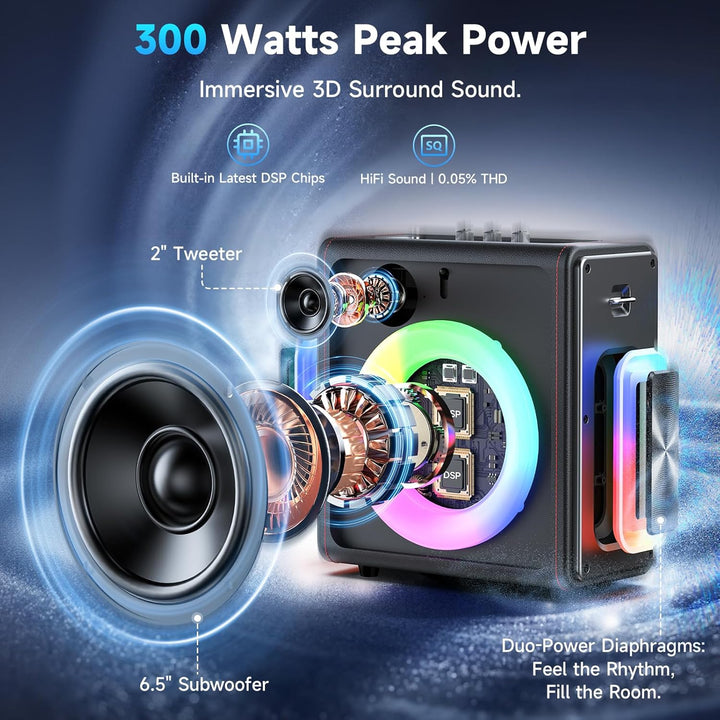 HWWR Karaoke maschine, Tragbarer Bluetooth 5.3 Lautsprecher, Karaoke Anlage mit 3 mikrofonen, 300W V