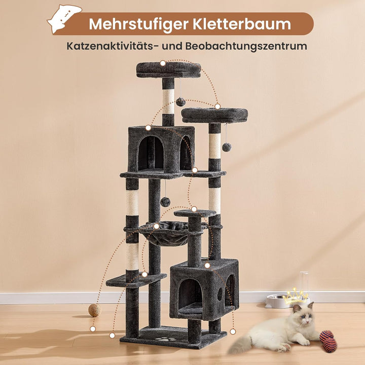 MSmask Kratzbaum gross, L Katzenbaum Stabil, Katzenkratzbaum mit 2 Plattformen, 2 Katzenhöhlen, Häng
