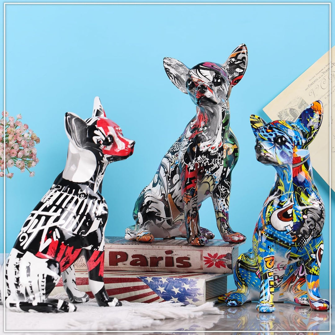 orenm Bunte Chihuahua-Statue, Moderne Graffiti-Kunst, Mehrfarbig, Hundefigur, Kunstharz, Heimdekorat