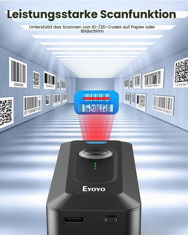 Eyoyo 2D Bluetooth Barcode Scanner mit Klipp, 2000mAh Akku mit Füllstandsanzeige, tragbarer Mini Wir