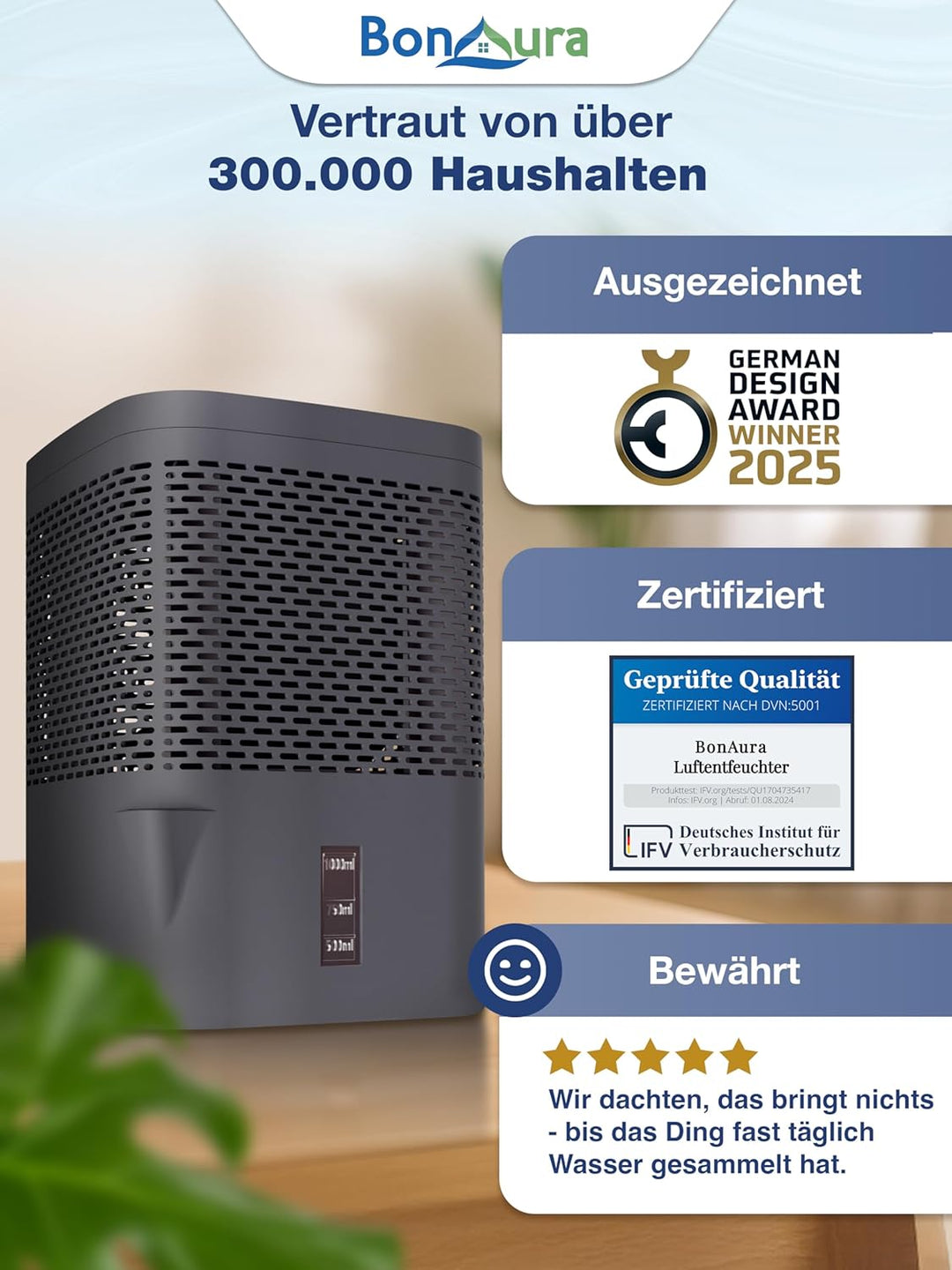 BonAura® AirOne Luftentfeuchter ohne Strom mit 360° Belüftung I Raumentfeuchter mit Ausgiesser & 680