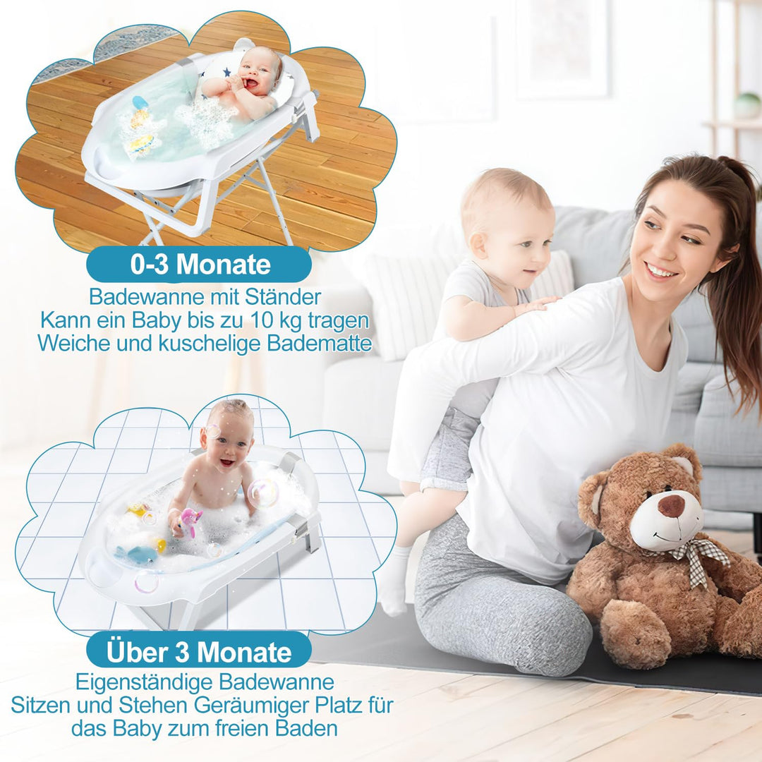 Baby Badewanne mit Gestell faltbare Babywanne Baby Wanne platzsparend, Babybadewanne mit Badekissen,