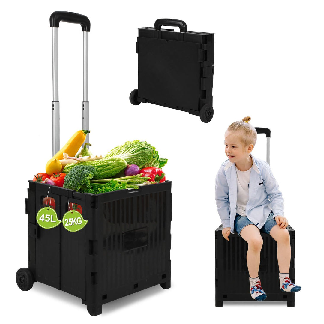 Einkaufstrolley Klappbar, mit neigbarer Teleskopgriff & Deckel, 2 x Rollen, bis 25 kg, 45 Liter Kist