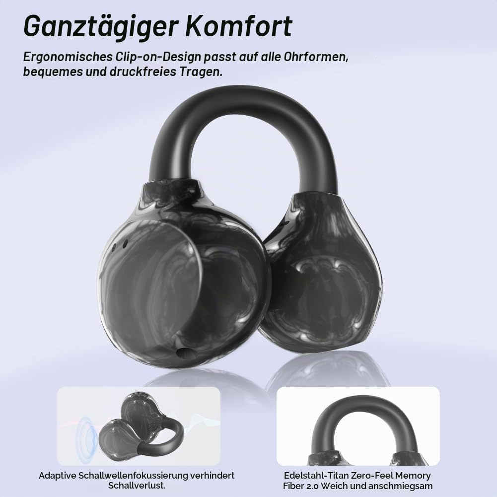 Clip-on Open-Ear Bluetooth-Kopfhörer Wireless,Bluetooth 6.0,60 Stunden Ultra-Lange Akkulaufzeit,Komf