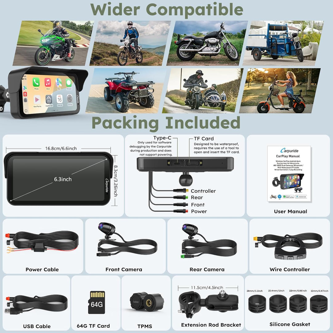 Carpuride W603DT für Motorrad mit CarPlay, Android Auto und TPMS–HD 1080p Dashcam, 6,3-Zoll-Touchscr