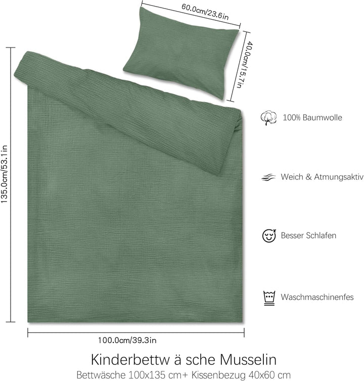 Hook Kinderbettwäsche Set 100x135 cm aus 100% Musselin Baumwolle – Atmungsaktiv & Weich, Handgeferti