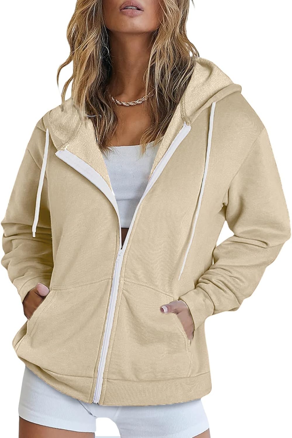 Maavoki Damen Zip Hoodie Langarm Kapuzenpulli Fleece Outwear Jacken Herbst Winter Sweatjacke A-beige