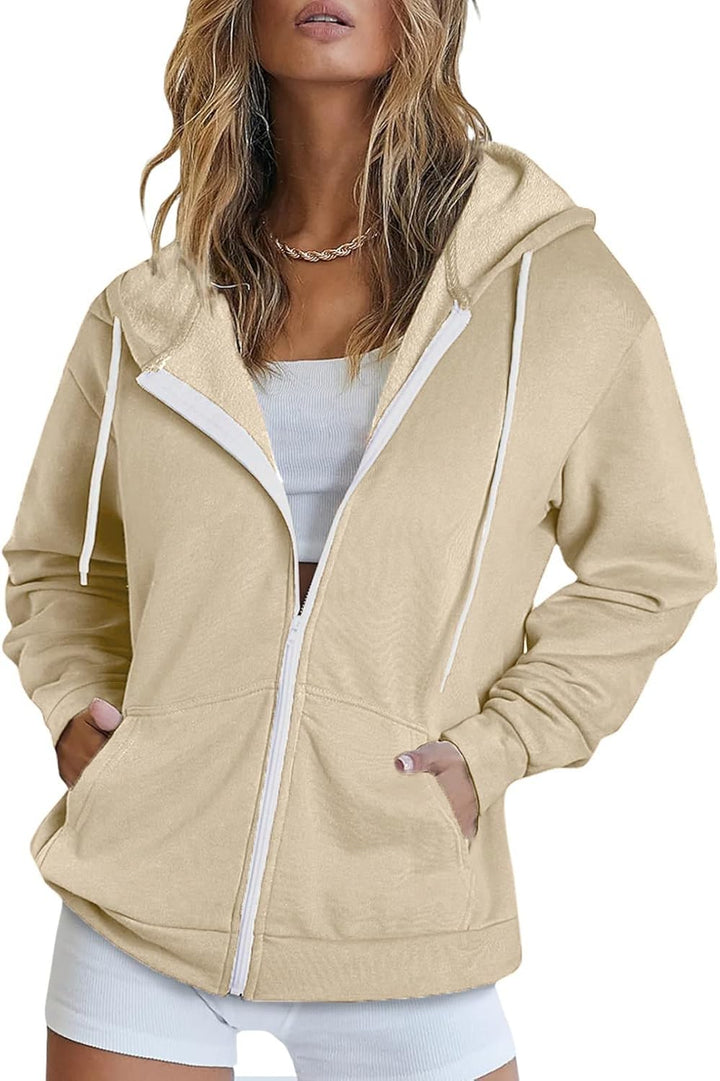 Maavoki Damen Zip Hoodie Langarm Kapuzenpulli Fleece Outwear Jacken Herbst Winter Sweatjacke A-beige