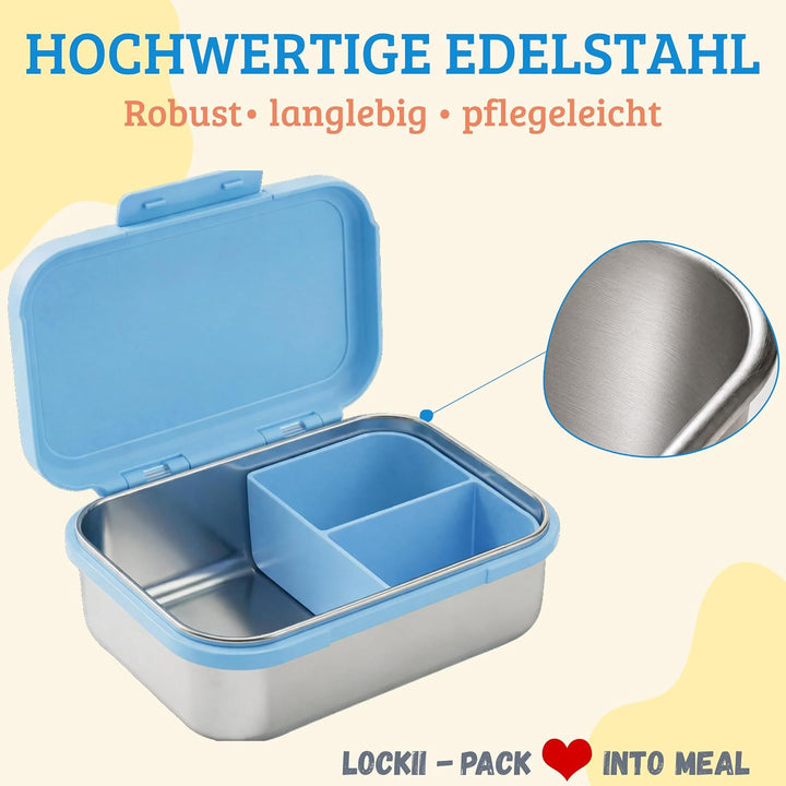 Kinder Brotdose Edelstahl 1000 ml mit Snackbox – Lunchbox mit Fächern, Edelstahl-Boden und BPA-freie