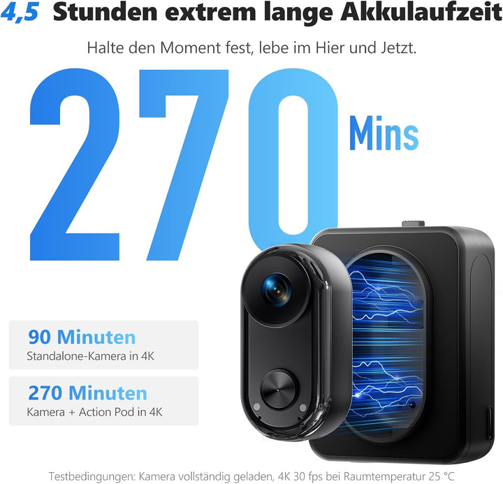 4K 30FPS Vlogging camera, 64GB Bodycam, Tragbare Freihändig POV-Kamera, 150° Winzige Action Cam Wass