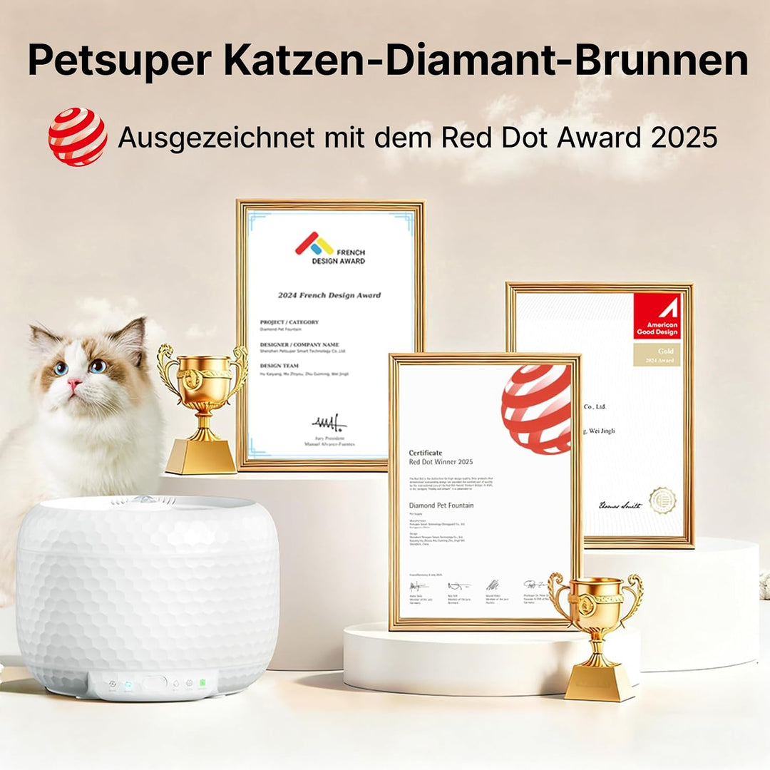 Trinkbrunnen für Katze - Red Dot Award 2025 Gewinner, 62oz/1,8L Auto Trinkbrunnen für Haustiere mit