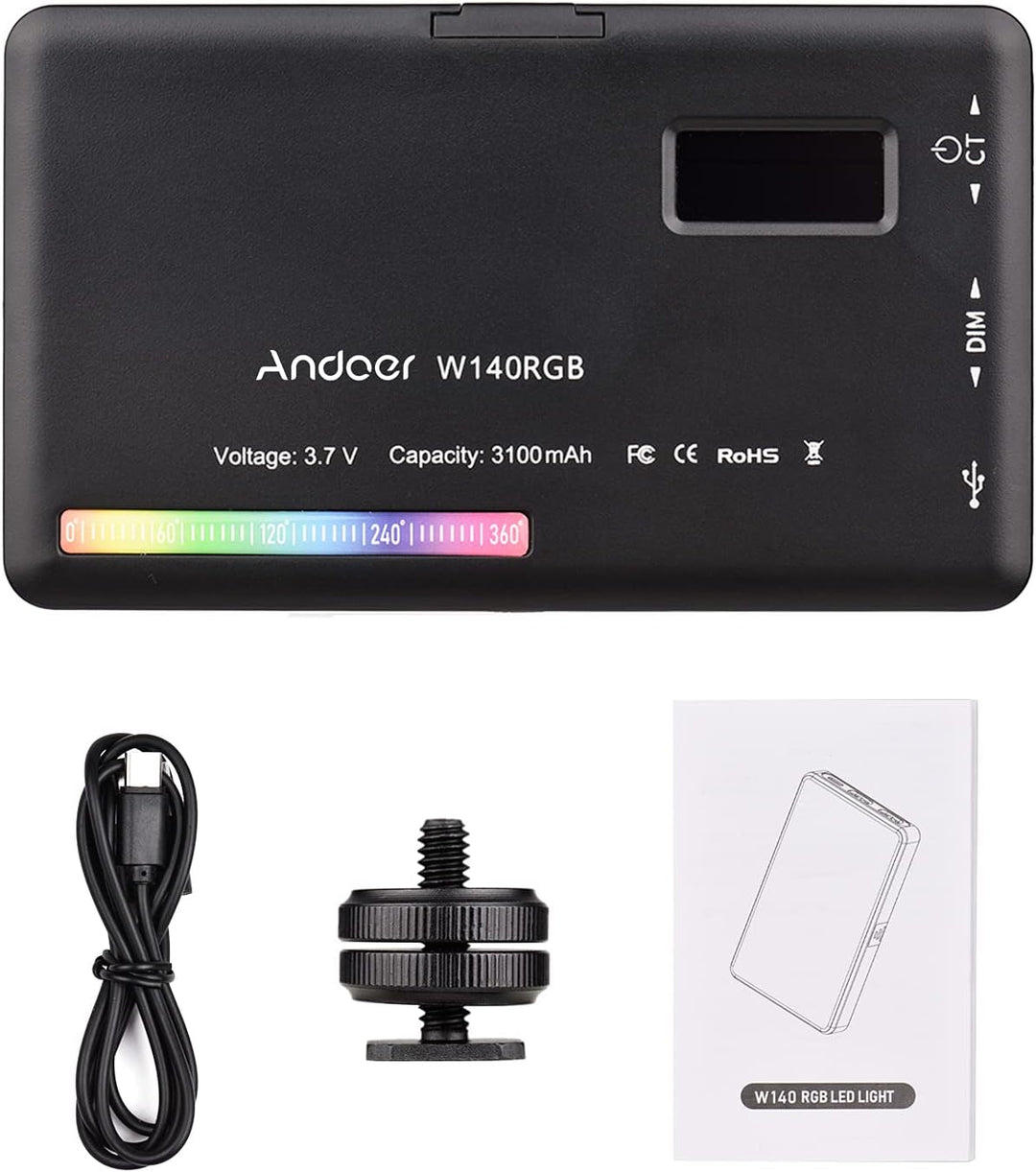 Video Licht RGB, Andoer LED Videoleuchte mit 3100 mAh Akku,Mini Kamera Licht,Dimmbare 2500K-9000K,Wi