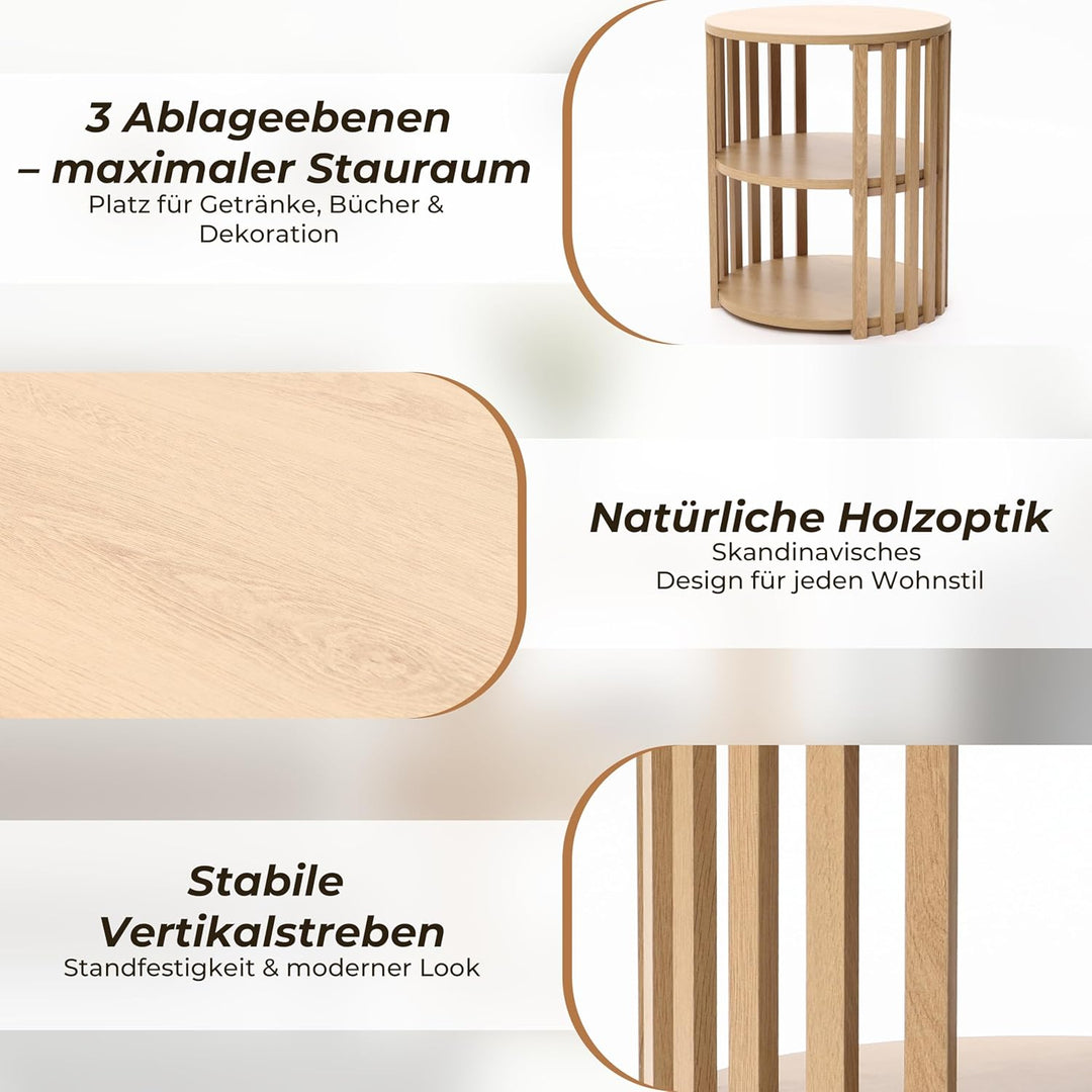 Hometopia Beistelltisch Rund Holz, 3-stufiger Runder Beistelltisch mit Stauraum, Kleiner Couchtisch