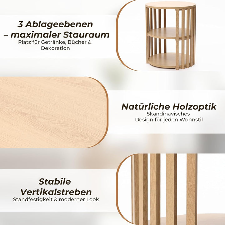 Hometopia Beistelltisch Rund Holz, 3-stufiger Runder Beistelltisch mit Stauraum, Kleiner Couchtisch